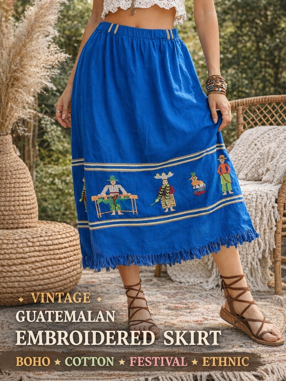 Beautiful vintage embroidered skirt featuring vibrant Guatemalan design